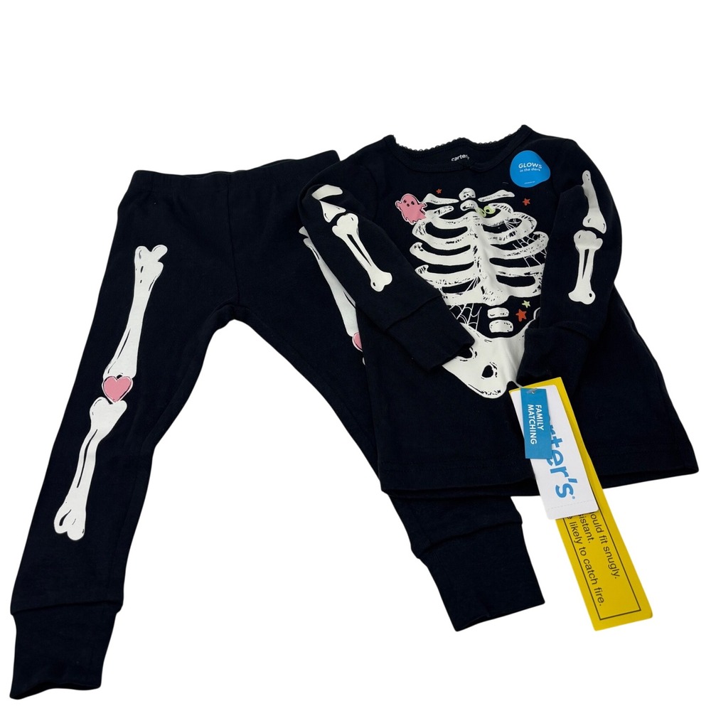 Carters Baby Girls 12M Halloween Skeleton Glow In The Dark Pajama Set Black NWT